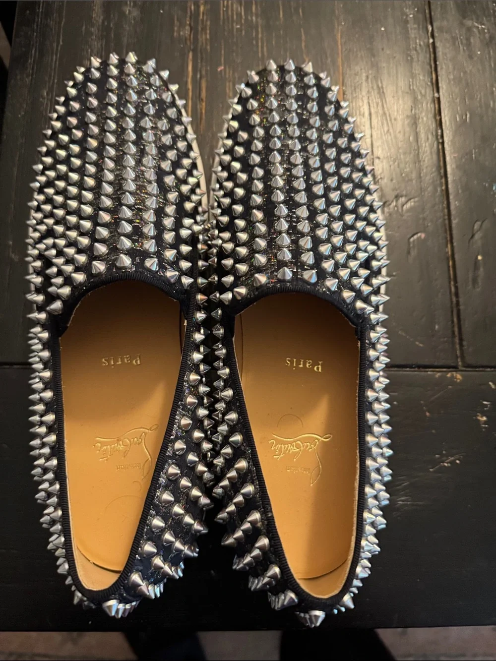Christian Louboutin Navy Blue Studded Slip-On Loafers